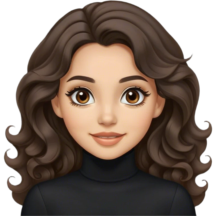 Pretty girl. Very happy. Long, bouncy, Lana del Rey hair. Dark brown hair. Dark brown eyes. Winged eyeliner. Wearing black turtleneck.  emoji