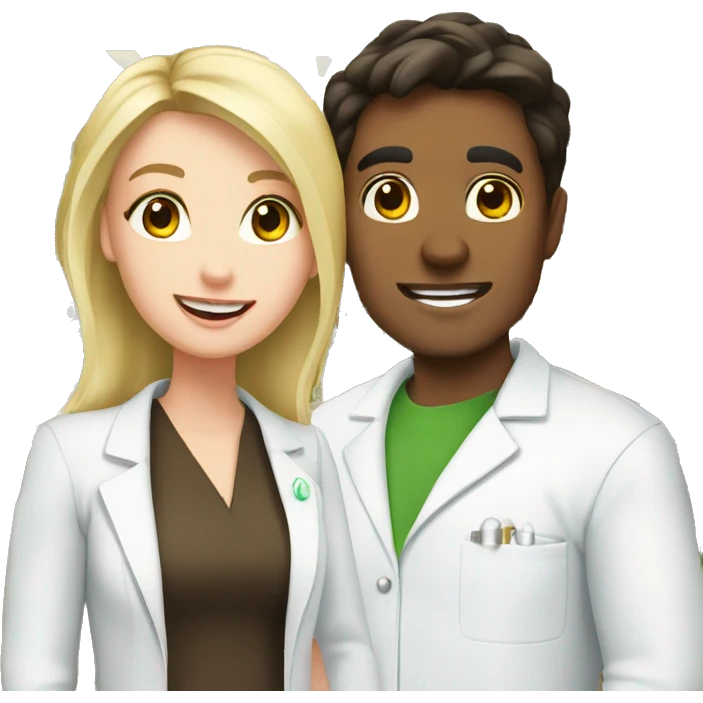 Blonde female pharmacist and male brunette chemist in love  emoji