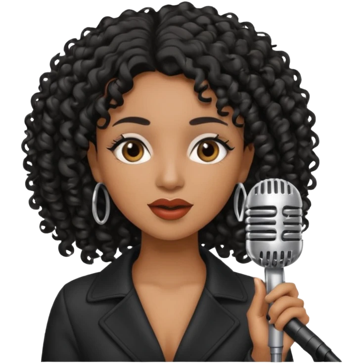 brown skin woman, curly black hair, singer, hold micro emoji