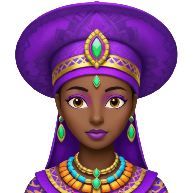 Create me an emoji of a beautiful Ethiopian Queen of Sheba wearing a neon purple gradient African patterns with metallic "isicholo" (a Zulu-inspired hat).  emoji