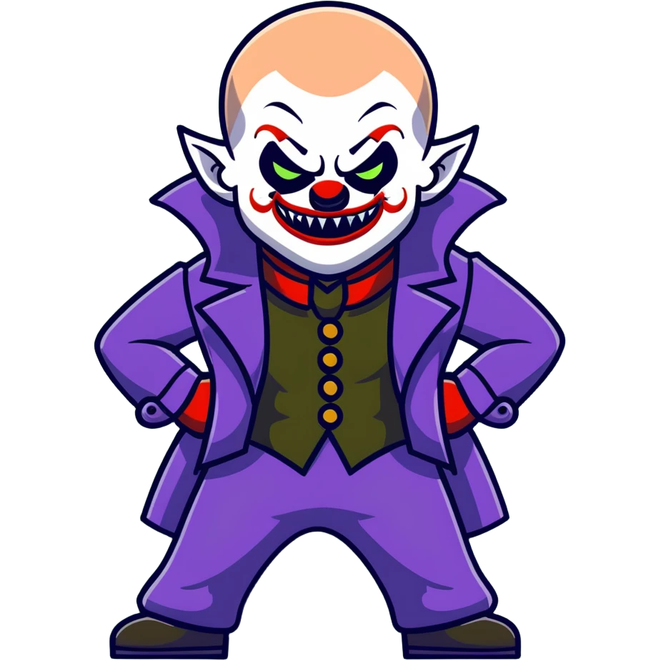 evil clown warrior, bald, small black horns on forehead, fangs, pointed ears, eye patch over one eye, long coat over black and military green leisure suit with bellbottom pants, tail, realistically proportioned, less bulky, full body visible, battle-ready fighting posture emoji