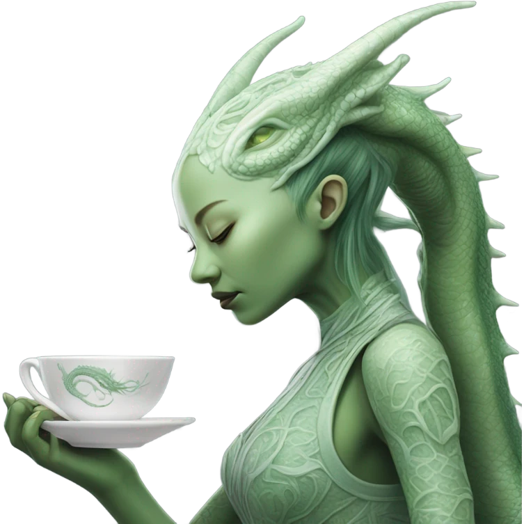 Photo realistic, alien female green,  on white china dragon infinite story emoji