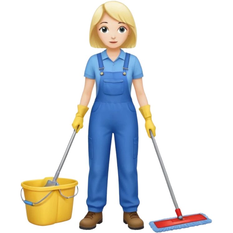middle-aged women, Custodian with yellow rubber gloves, white T-shirt, blue overalls, mopping floor emoji