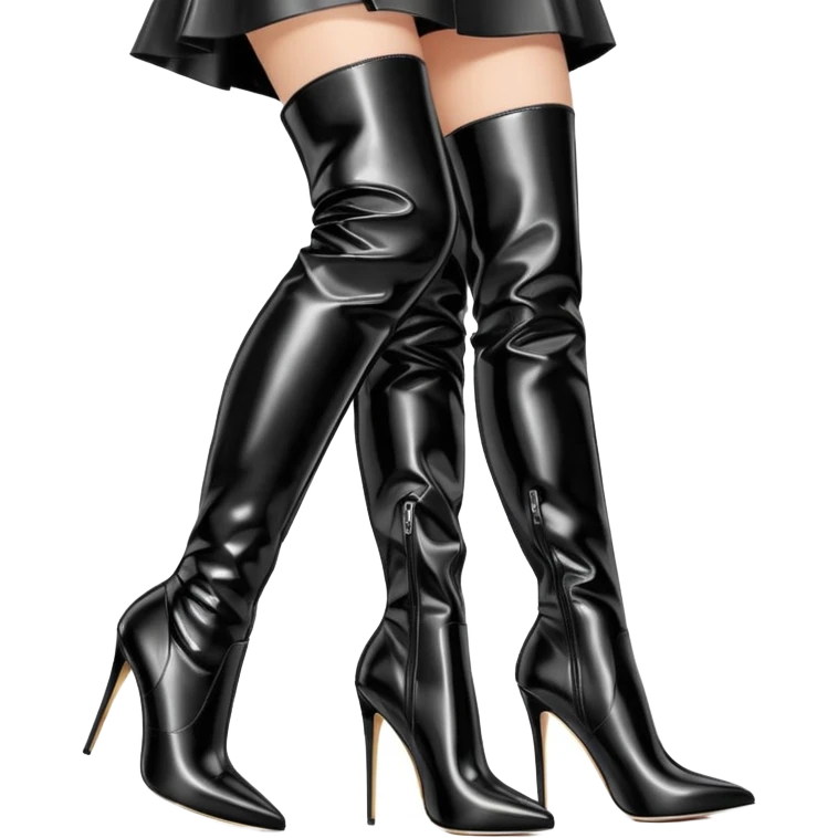 Black aesthetic wide-fit thigh-high boots, loose shaft, glossy patent leather, sharp stiletto heel, elegant silhouette, minimal background, soft studio lighting, luxury editorial style, dramatic shadows, ultra detailed. emoji