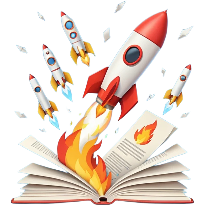Rocket launching from stack of papers, fire trail, minimal flat design, youtube and instagram emoji