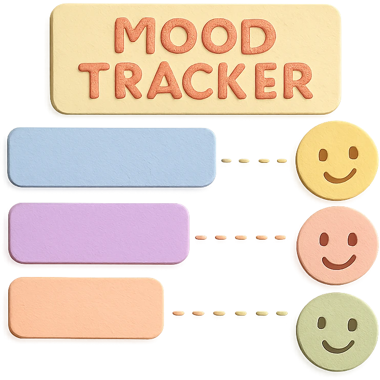 soft pastel mood tracker with delicate dotted lines and round smiley faces, paper craft style, soft pastel colors emoji