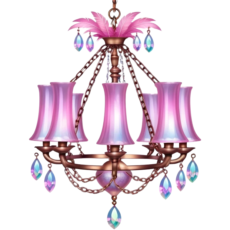 PInk iridescent Bell with chained hanging crystals LAMP with feathers CHANDELIER emoji