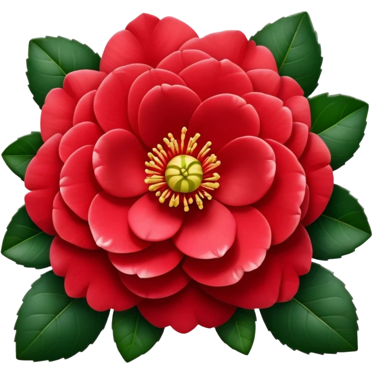 Traditional red camellia japonica (tsubaki) flower with perfectly symmetrical layered petals and glossy dark green leaves emoji