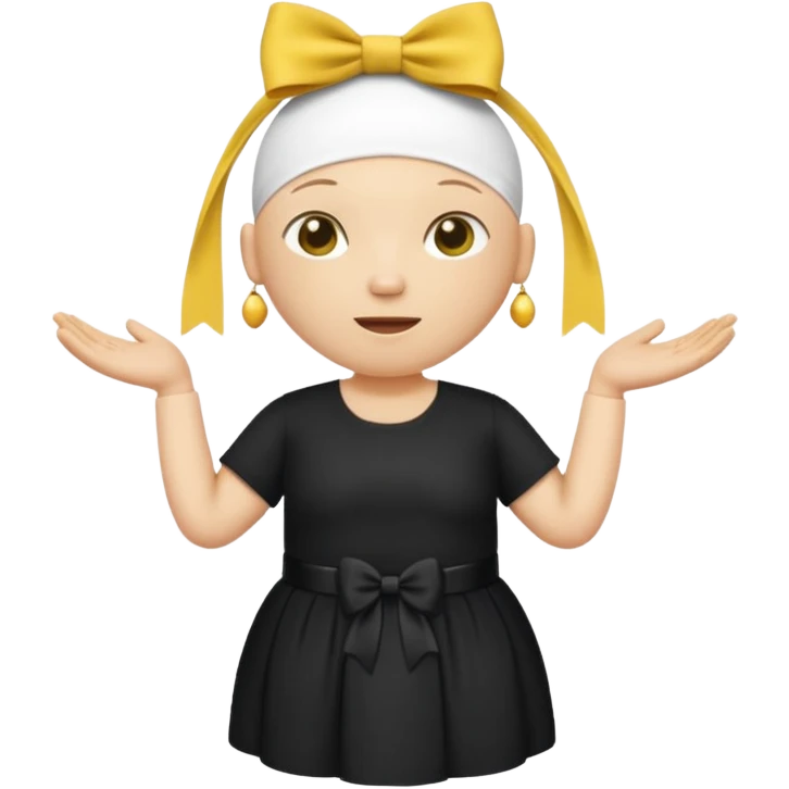 A yellow skinned person who’s bald, medium face size, wide big body, and medium leg sized, and make it cute with a bow on their head, and put black a shirt that says “sing-a-sing-a songa, BONGA BONGA BONGA” and dress don’t dress it up emoji