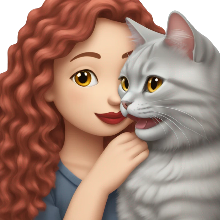 British shorthair grey cat kissing red wavy long hair white woman emoji