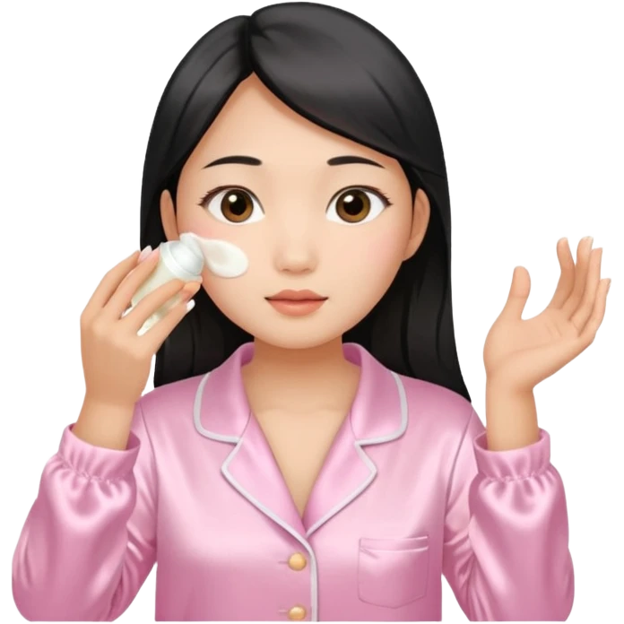 angelic asian girl doing skin care in baby pink pajamas, applying cream to her face emoji