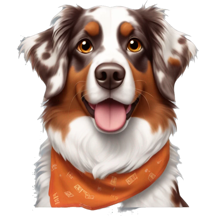 red merle aussie dog wearing maroon and orange VT bandana emoji