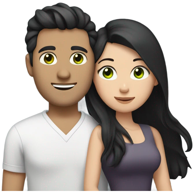 White Vietnamese man with straight black undercut hair and a white brunette woman with green eyes and long wavy hair tightly hugging each other  emoji