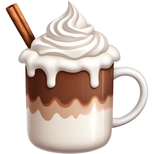 white mug of hot chocolate with marshmallows and whipped cream emoji
