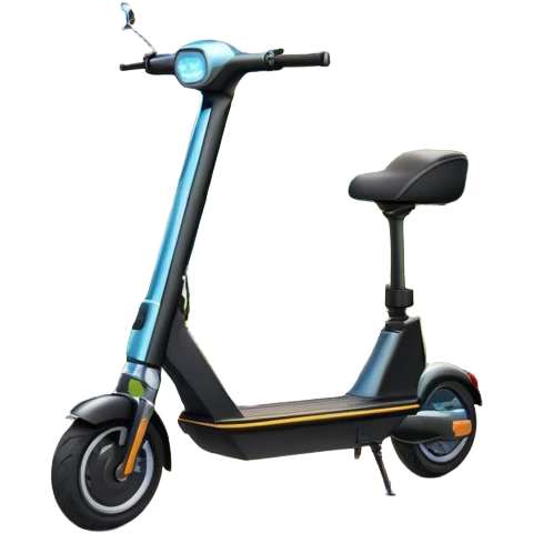 An icon featuring a sleek electric scooter parked on a scenic path. The background showcases a vibrant city park with green trees, flowers, and a clear blue sky. The sun sets in the distance, casting a warm golden glow on the landscape. Transparent background emoji