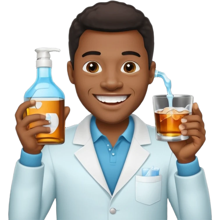 Black man grinning, holding mouthwash and a cup of whiskey, teeth sparkling, black background emoji
