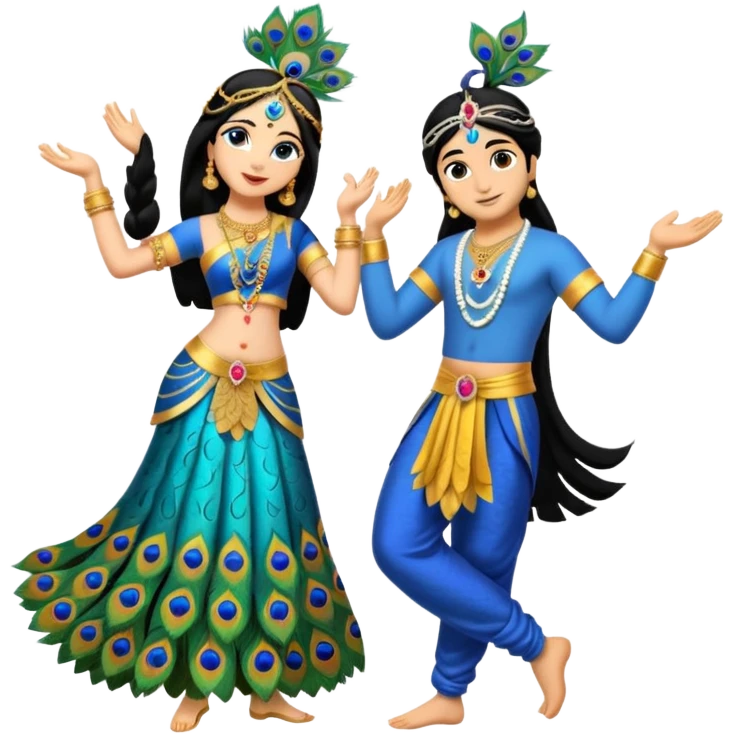 Radha and Krishna emoji, dancing together, Krishna with peacock feather, Radha with long hair emoji