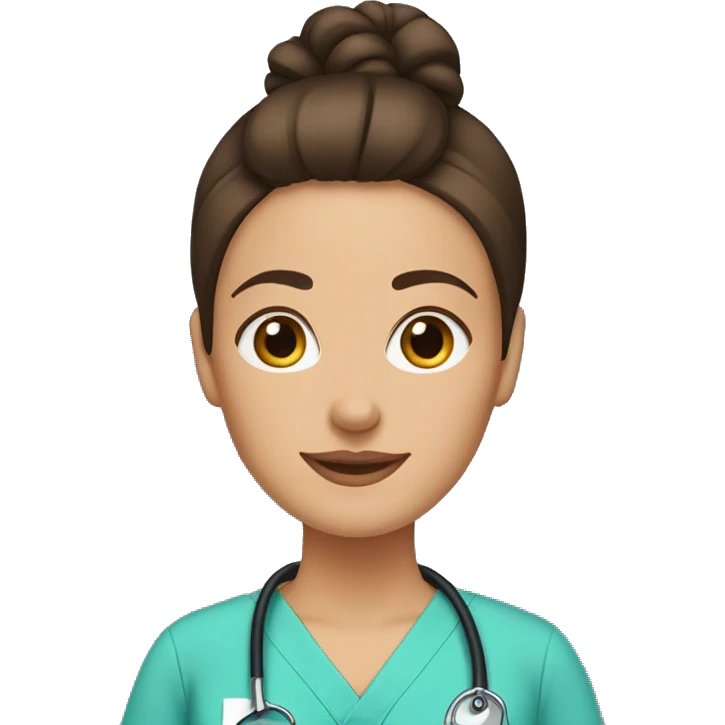Brunette woman with a top knot wearing scrubs holding a dachshund emoji