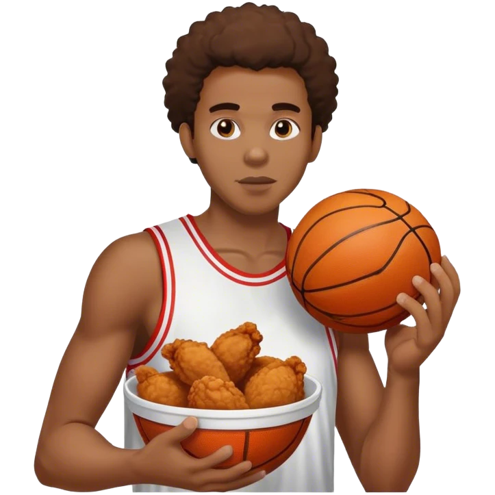 Black person eating chicken with a basket ball in the Oder hand emoji