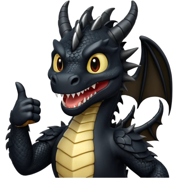 fully black dragon with white background and holding a talon up as a thumbs up…. Smiling at the screen close up. emoji