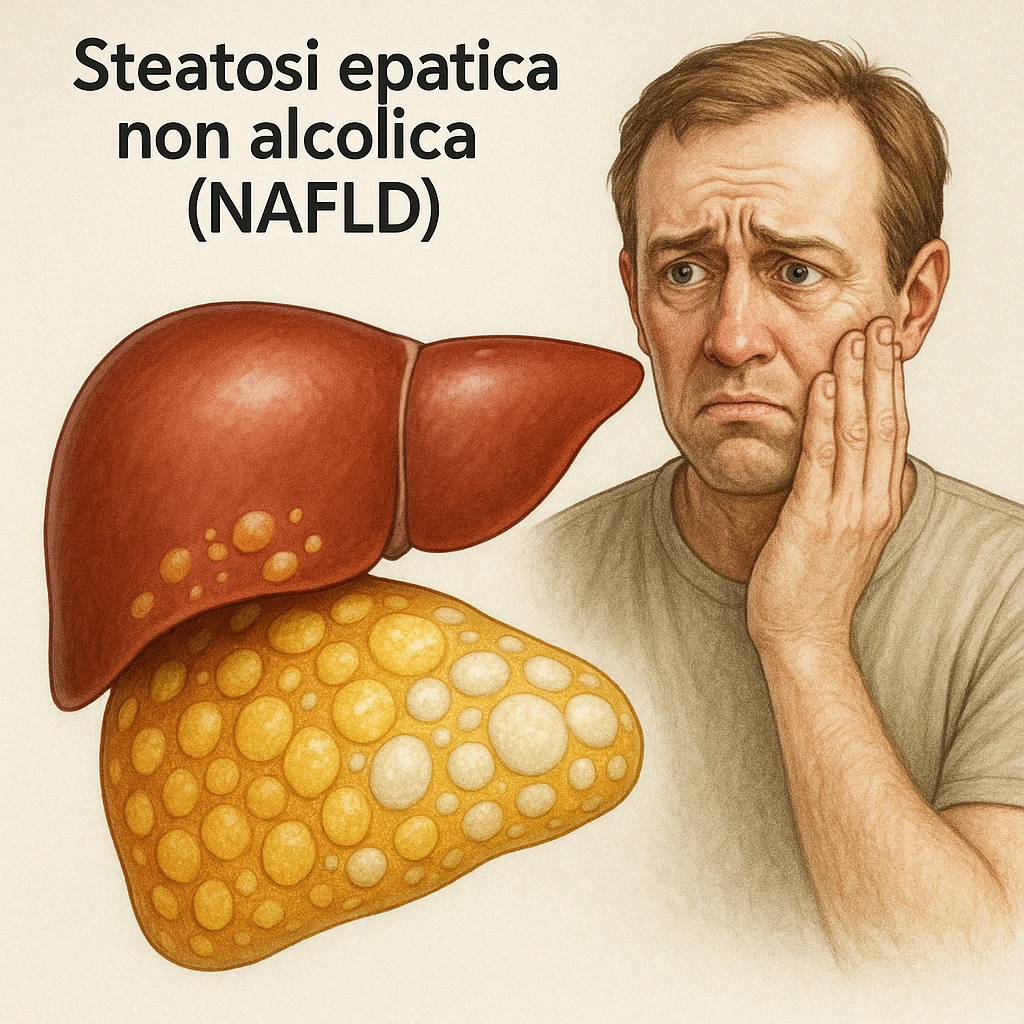 realistic illustration of a stylized liver with fat accumulation in yellow and white areas, next to a person with worried expression, Italian text 'Steatosi epatica non alcolica (NAFLD)', 4K quality emoji