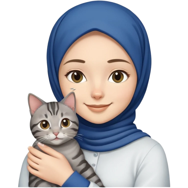 White girl wearing dark blue hijab with white shirt smiling while holding a black grey tabby cat emoji