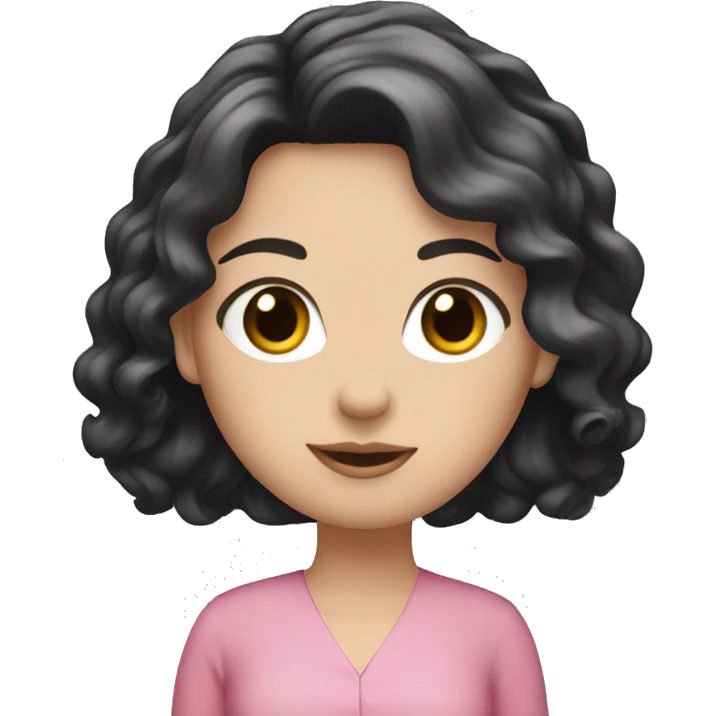 White girl with black wavy hair, pink blouse and hazel eyes  emoji