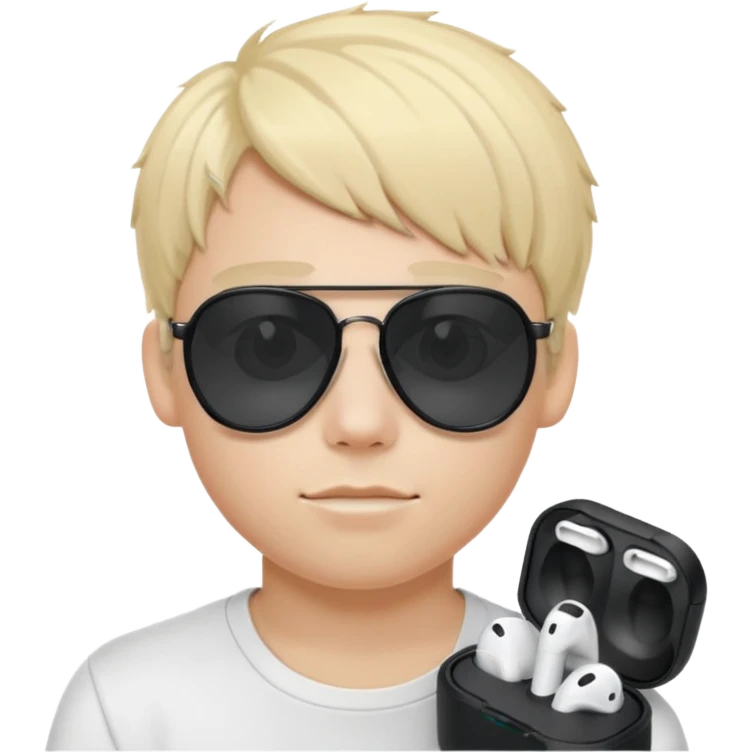 A blonde young boy with airpods and sunglasses at myc emoji