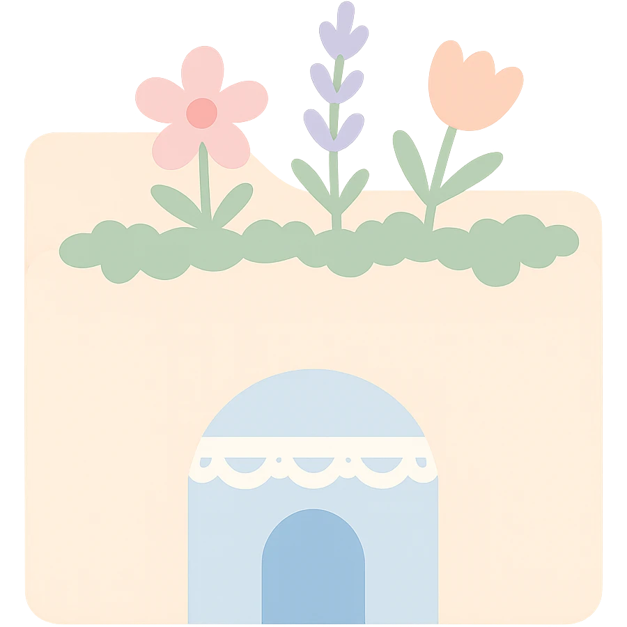 Cottagecore File Explorer icon: folder with a blue archway at the bottom, decorated with wildflowers, moss, and lace, cozy natural style, no text emoji