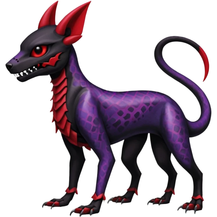Gothic Black red purple Scaley Exotic Salandit-Umbreon-Houndoom-Fakémon-hybrid-creature (full body), 4 legs, skull face mask emoji