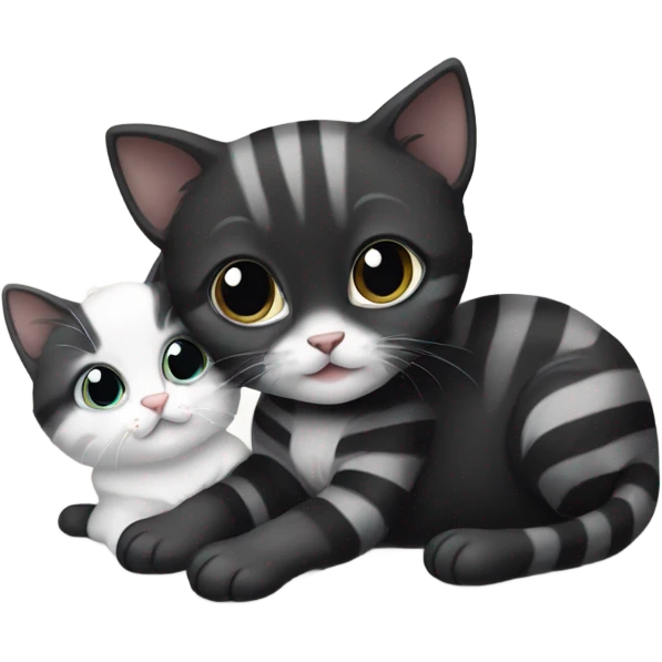 Black kitten playing with striped grey, white, and black kitten emoji