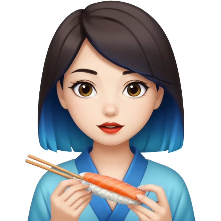 A GIRL with dark brown hair AND blue ombre hair eating sushi  emoji