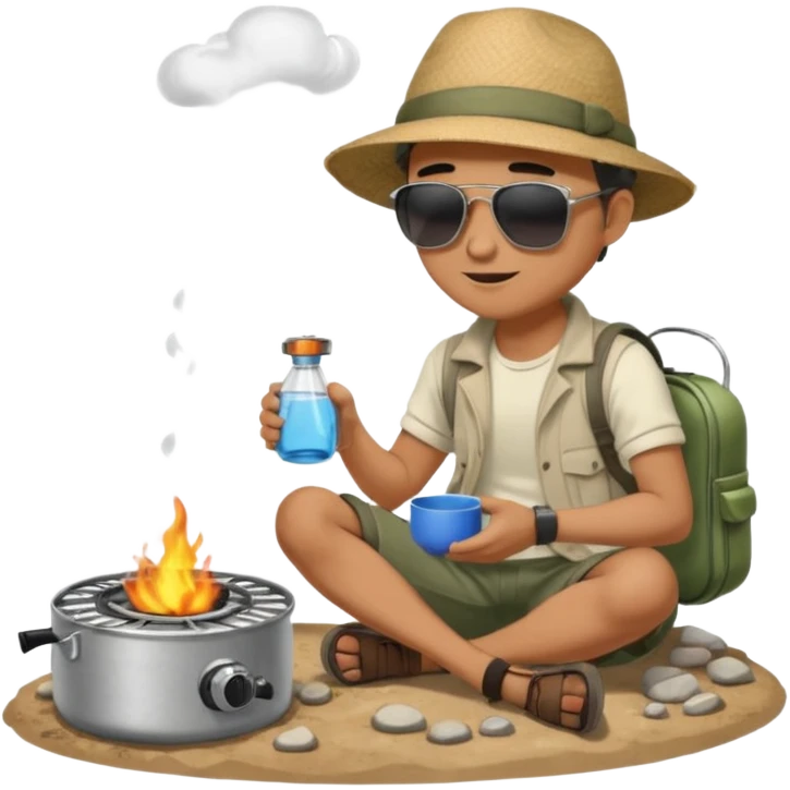 A man camper boiling water on a portable stove, enjoying the outdoor breeze sitting on the ground
 emoji