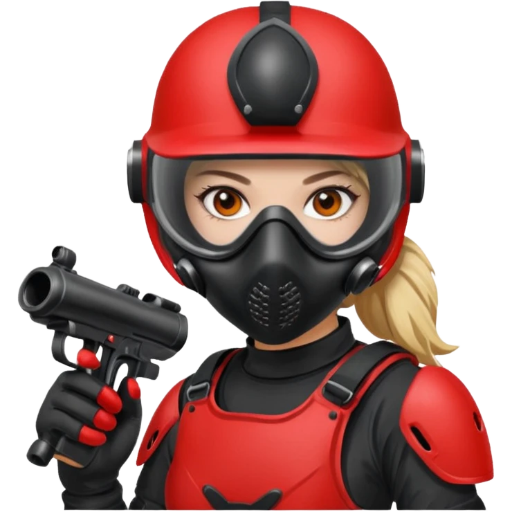 girl playing paintball with red paintball gear and only face emoji