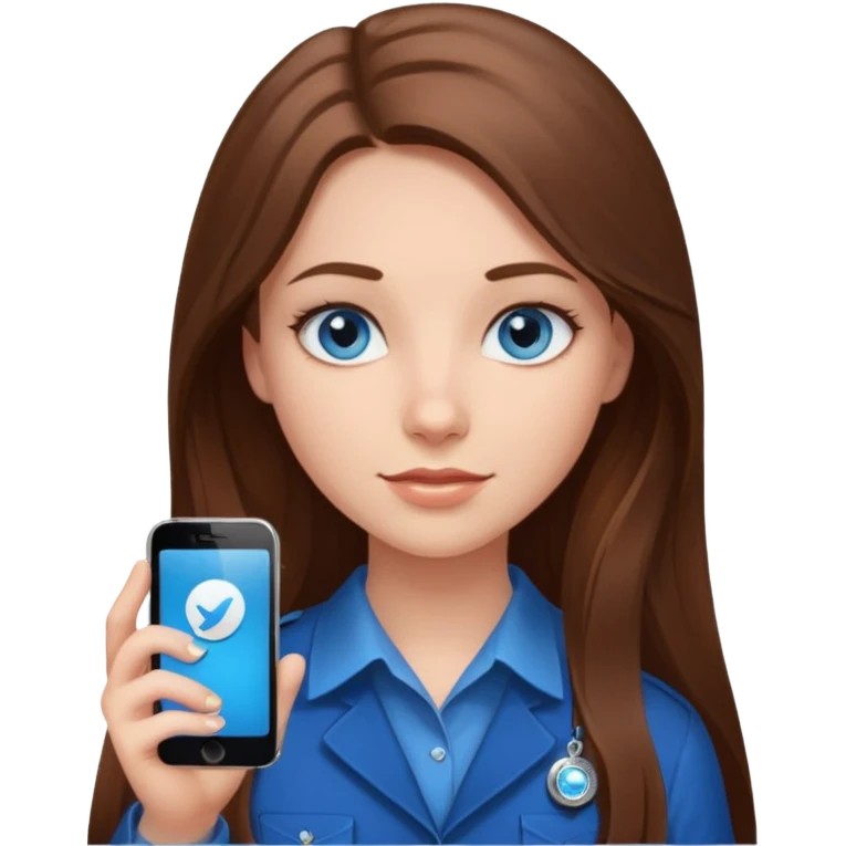 A girl with blue eyes and long brown hair with an iPhone and a telegram badge emoji