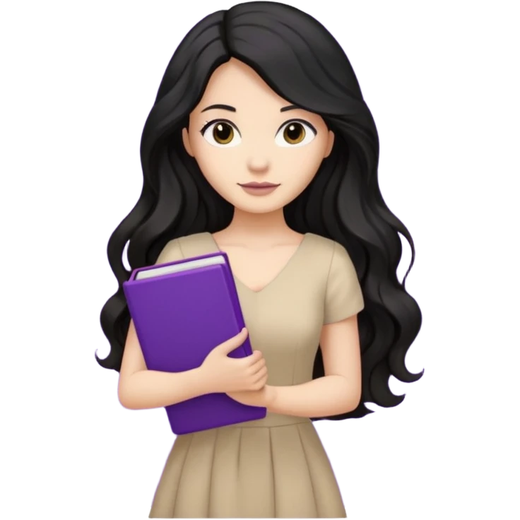 Long Hair Women with purple Book, Black wavy hair, beige dress emoji