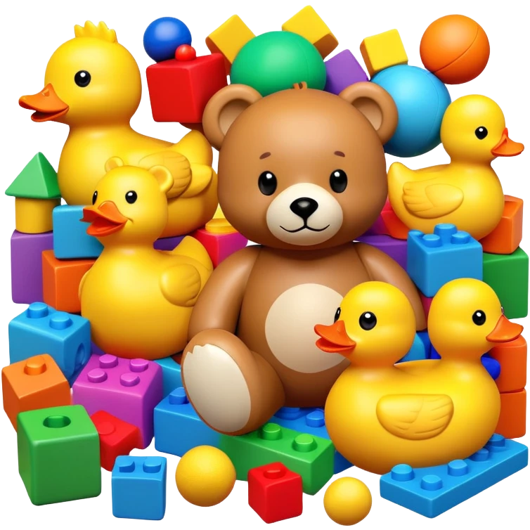 Colorful toys scattered together - teddy bear, rubber duck, toy blocks, ball, and action figures emoji