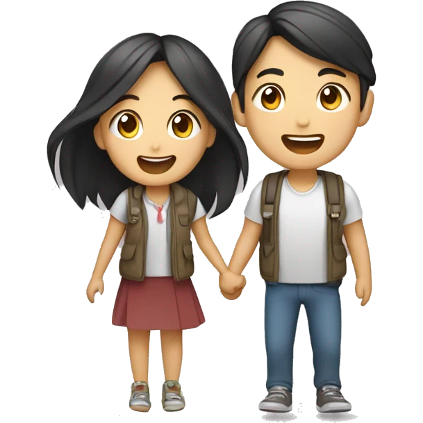 Cute Asian couple (girl with long hair) excitedly traveling  emoji