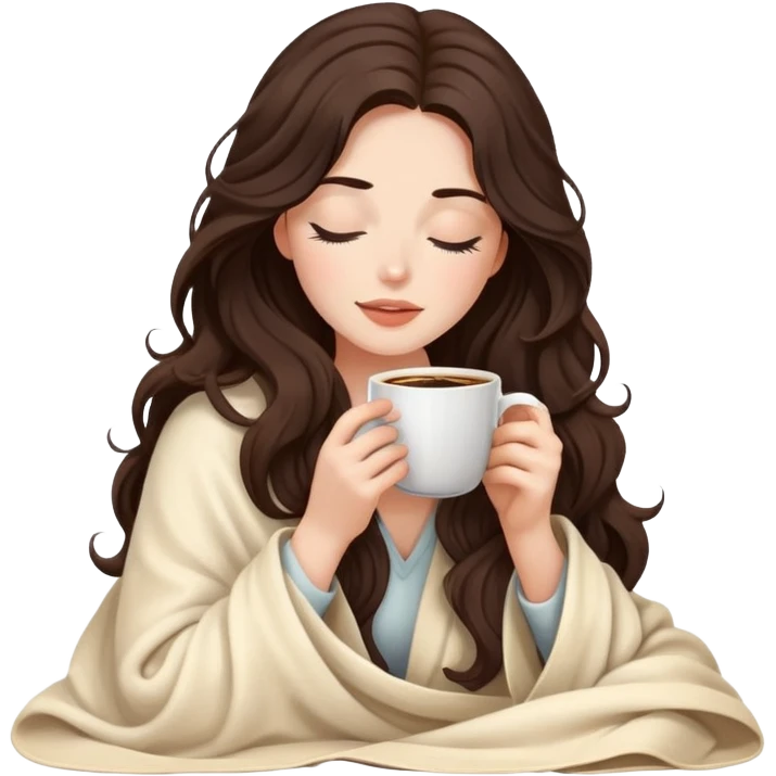 Pretty lady with a long wavy dark brown hair inside a cream blanket sipping coffee eyes closed emoji