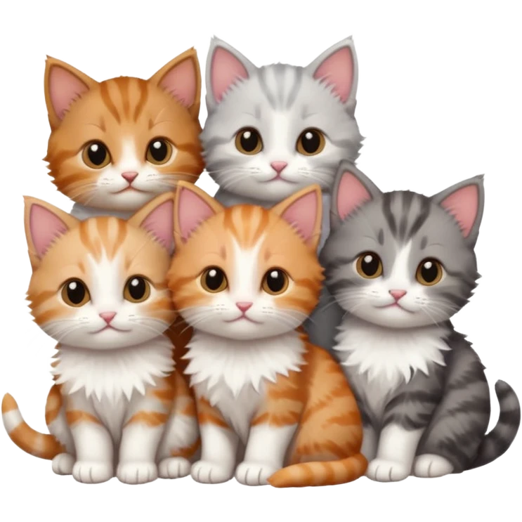 6 tiny kittens cuddling together all different colours, the first one is grey and white, the second is ginger and white and the third is brown tabby and white emoji