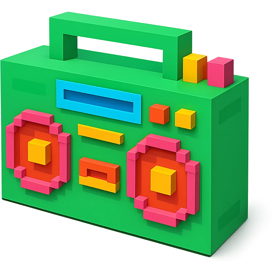 A boombox in voxel style, front view, green color emoji