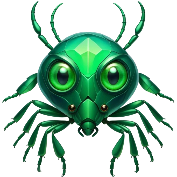 Cinematic Noble Green Bugdie Portrait Emoji, Poised and regal, with a tiny, delicate build and a vibrant, well-detailed emerald exoskeleton, deep-set soulful multifaceted eyes, Simplified yet sharp and sophisticated features, highly detailed, glowing with a soft, dignified glow, high shine, intelligent and alert, stylized with an air of miniature majesty, focused and attentive, soft glowing outline, capturing the essence of a watchful and confident insect, so majestic it feels as though it could scuttle out of the screen with effortless authority! emoji