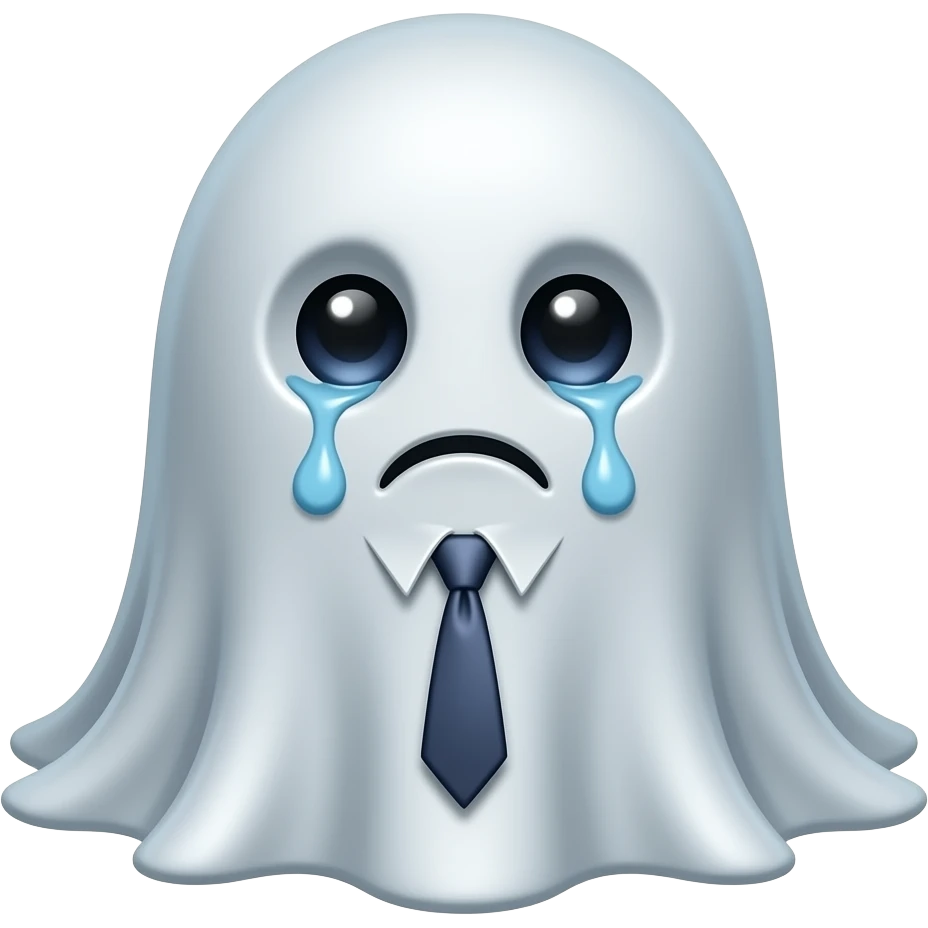 ghost has a rounded, flowing, water-drop shape with no legs. It wears a very small, crooked office necktie. The ghost has big, tired eyes with dark circles under them, looking soulless and exhausted. emoji