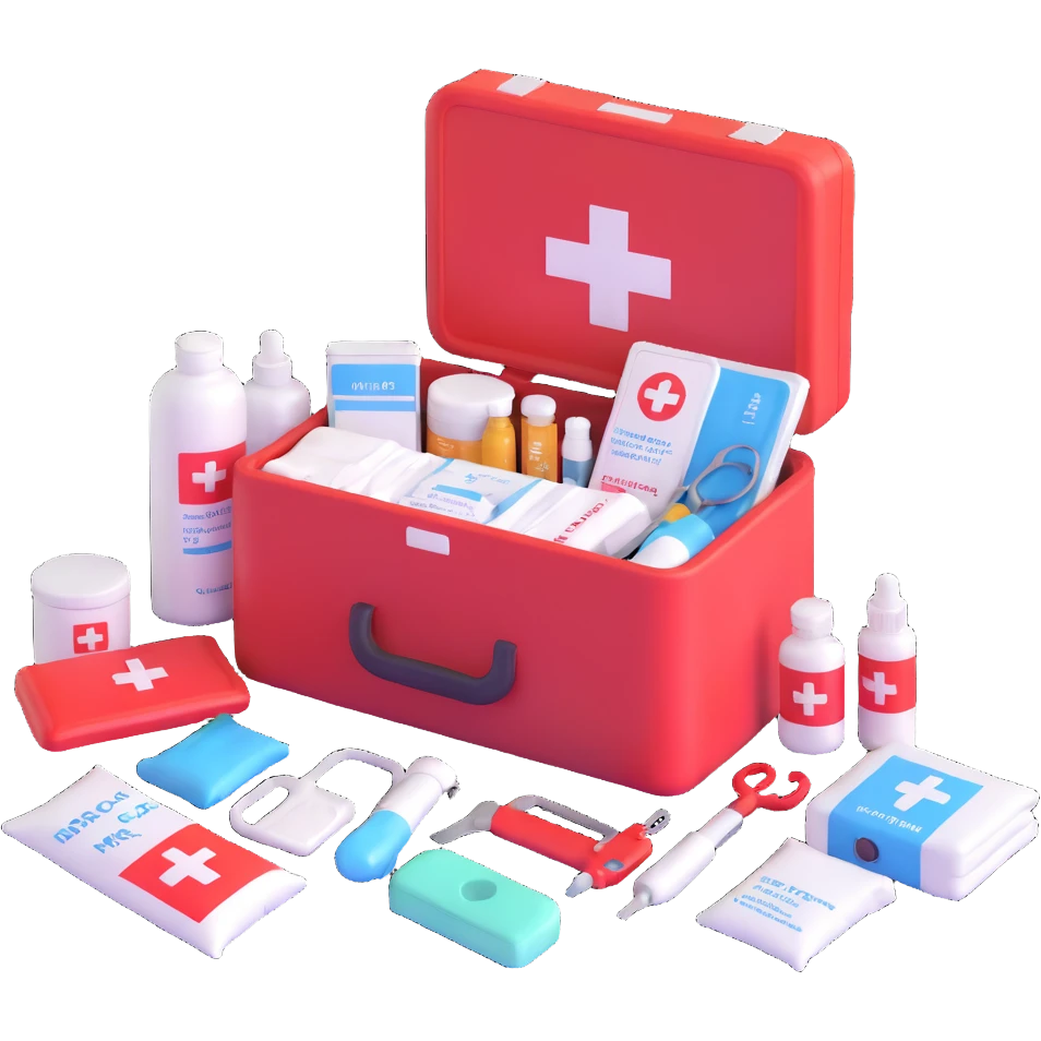 emergency first aid kit box open with medical supplies emoji