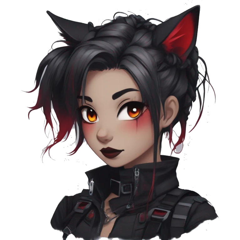 Gorgeous gothic dark techwear anime style anthro cat with blushing face aesthetic and pretty edgy black red punk messy ponytail hair with collar and harness trending style emoji