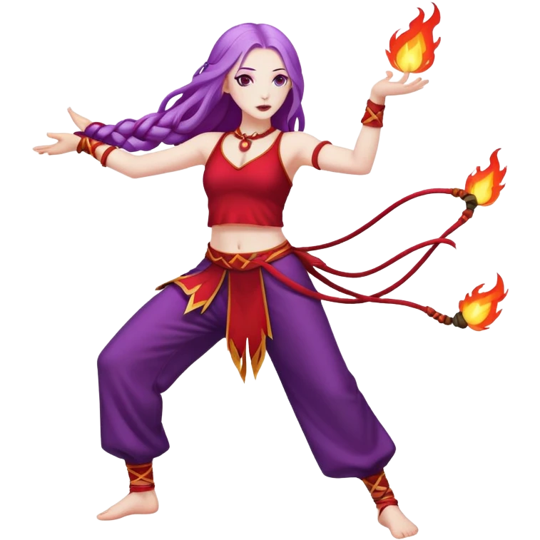 Full body Poi fire dance performer pale skin with long purple hair red clothes emoji