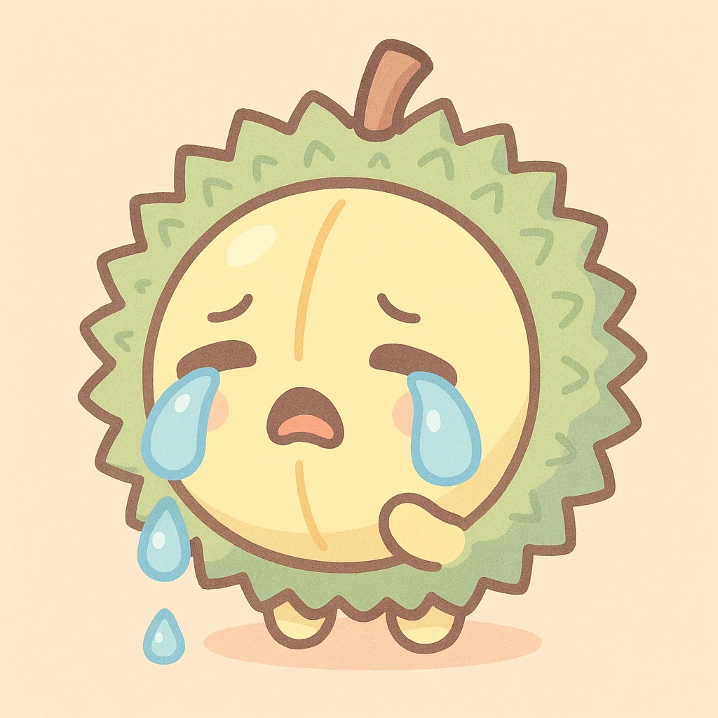 cute round chibi durian with green spikes, yellow inside, crying with large teardrops, pastel palette emoji