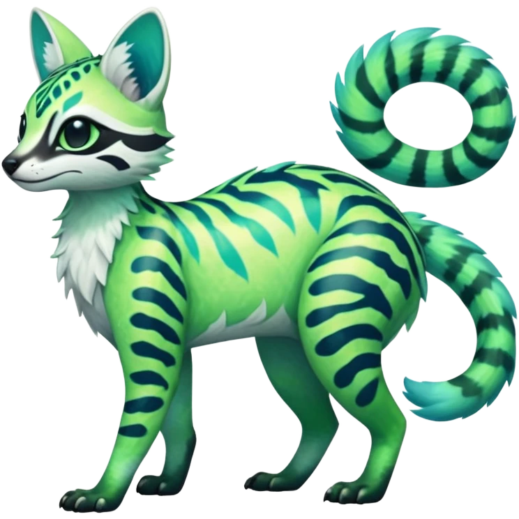 Rare realistic iridescent neon lime-green & cyan white gradients lush tropical exotic cute epic pretty beautiful handsome gorgeous aesthetic colorful vibrant Vernid-Protogen-Primagen-Wickerbeast-Genet-Trico-species-Fakemon-hybrid-creature by LiLaiRa, beautiful intricate markings, full body emoji