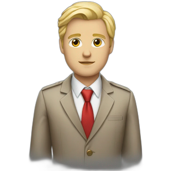 Boss, white skin, blond hair, brown eyes, jacket with red tie emoji