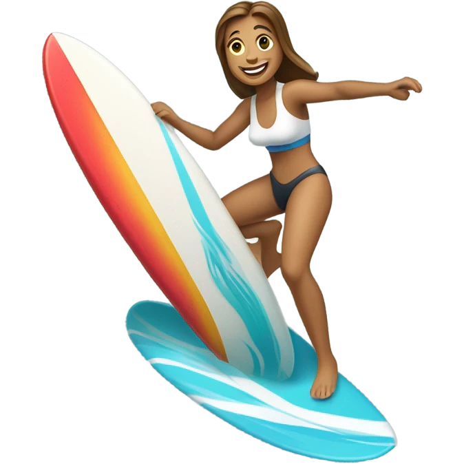 A person (🏄‍♀️) surfing on a wave (🌊). The person is smiling and riding a bright-colored surfboard. emoji